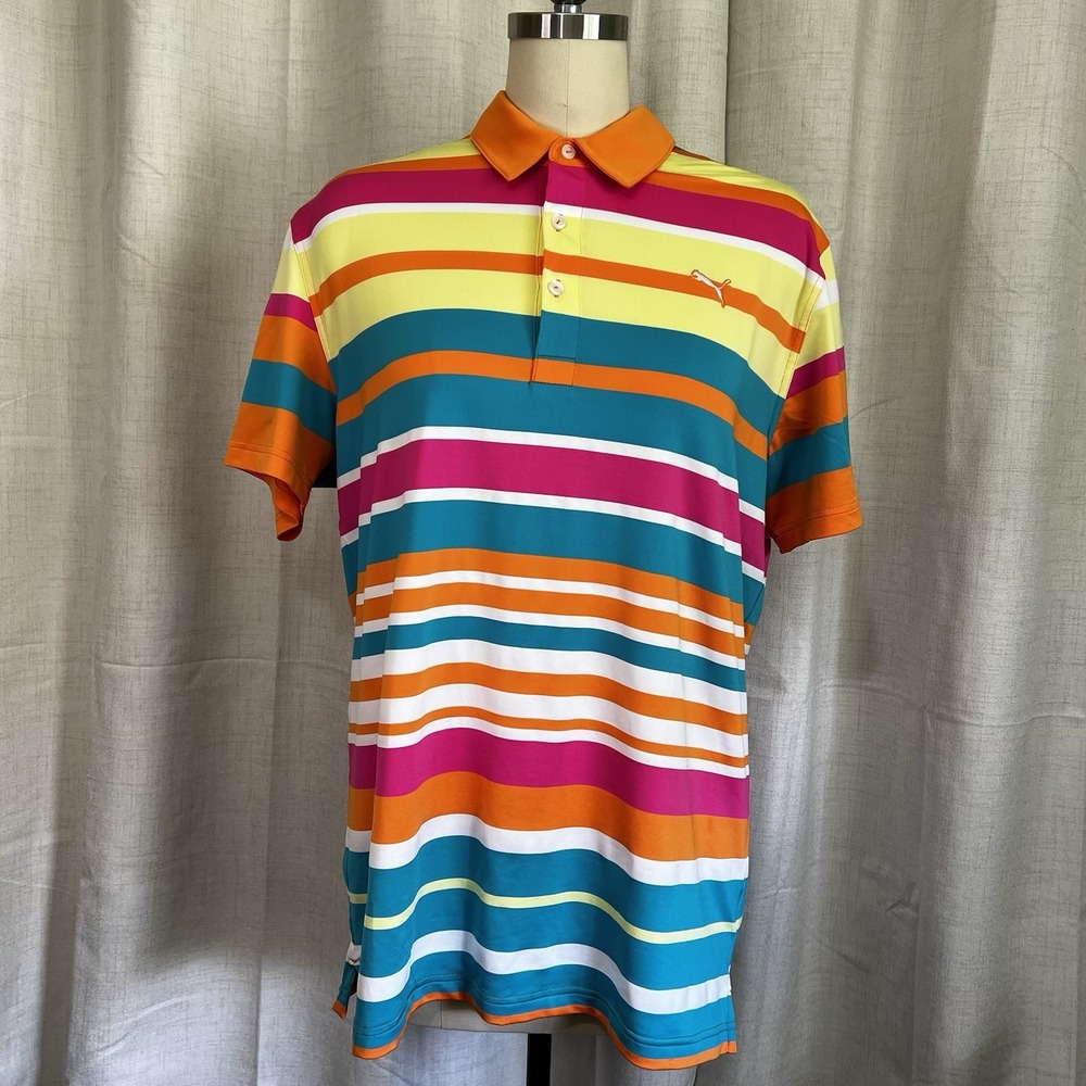 PUMA Golf Sport‎ Lifestyle Polo Men's Size L Dry Cell Orange/Pink Roadmap Stripe